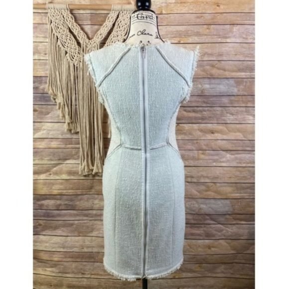 Rebecca Taylor | Frayed Leather Zipper Trim Textured Tweed Combo Midi Dress - Picture 6 of 10